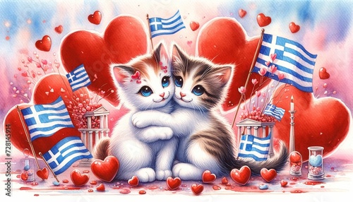 A charming watercolor concept illustration for Valentine's Day, featuring a cute couple of kittens with a Greek theme 02 photo