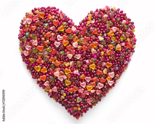 3d large heart made up of colorful candy beans isolated on white.