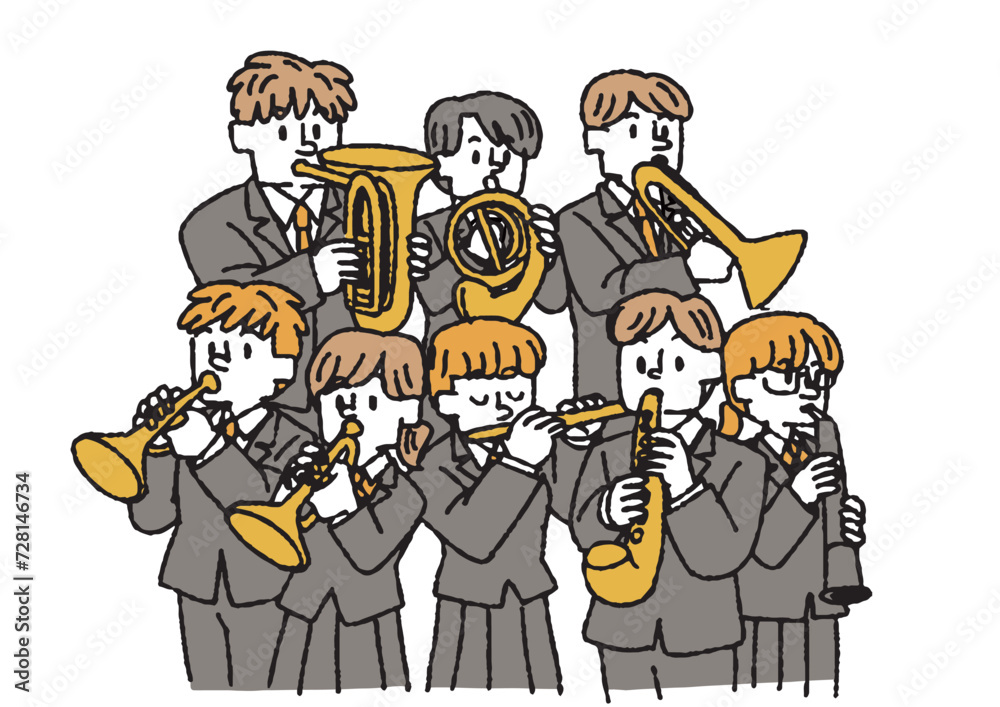 吹奏楽部の学生達のイラスト