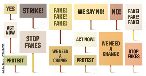 Colorful protest signs with slogan on wooden holder. Realistic vector demonstration banner. Strike action cardboard placard mockup