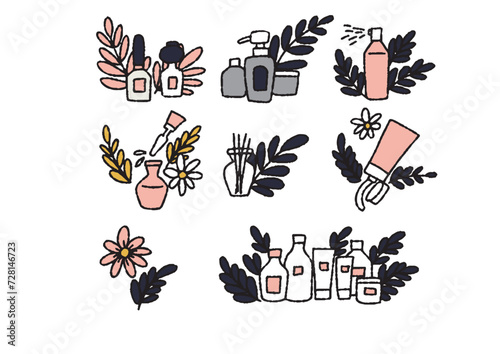 ナチュラルなグリーンとコスメのイラストセット