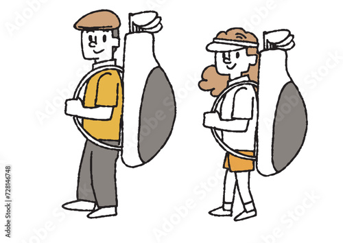 ゴルフバックを背負っている男性と女性のイラストセット
