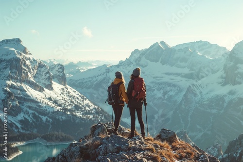 Hikers Overlooking Winter Mountain Range