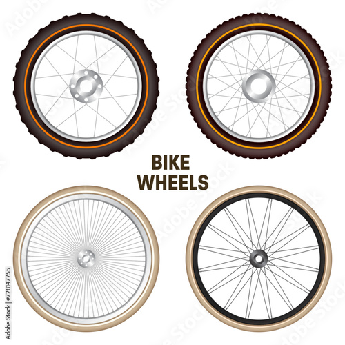 Realistic 3d retro bicycle wheels. Vintage bike rubber tyres, shiny metal spokes and rims. Fitness cycle, touring, sport, road and mountain bike. Vector illustration
