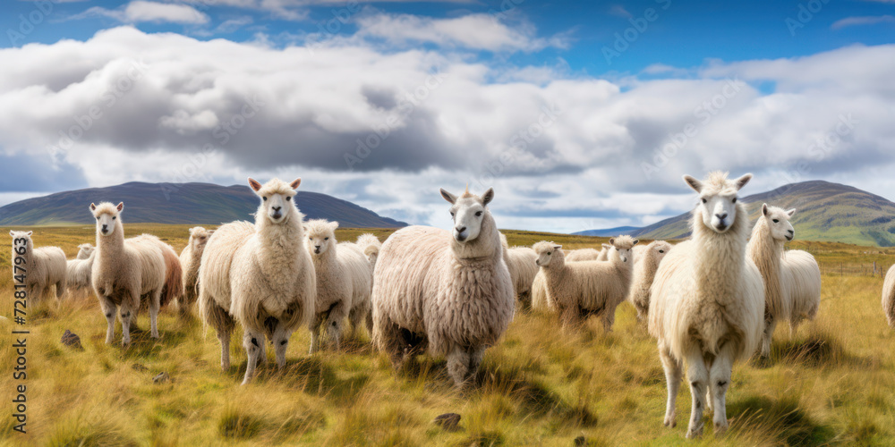 Serene Shepherd: A Majestic Flock Grazing Amidst the Lush Green Meadows of Icelandic Highlands Serene Shepherd: A Majestic Flock Grazing Amidst the Lush Green Meadows of Icelandic Highlands