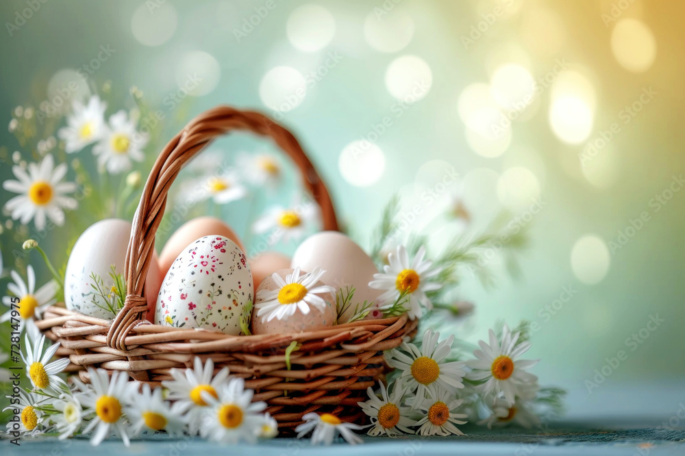 Easter wicker basket with eggs inside and fresh chamomile flowers around on a blurred bokeh background. Greeting card, Happy Easter concept