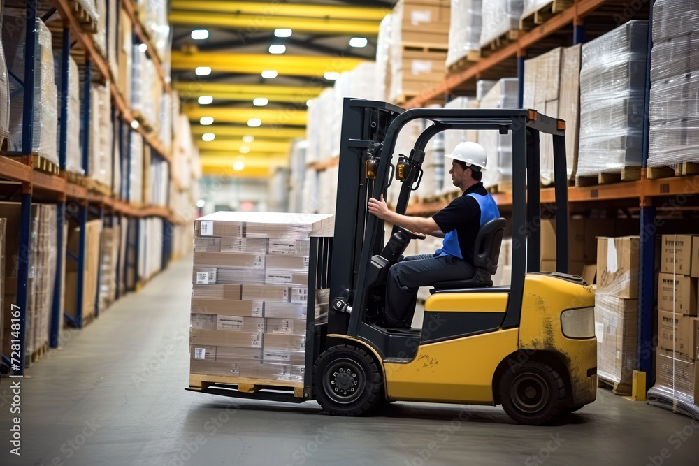 A man operates a forklift in a large warehouse among shelves of goods