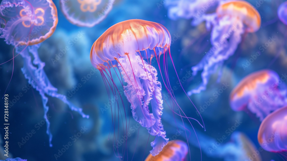 Fototapeta premium Serene Floaters With gentle pulsing movements jellyfish drift and soar with tranquil beauty creating a serene atmosphere wherever they go.