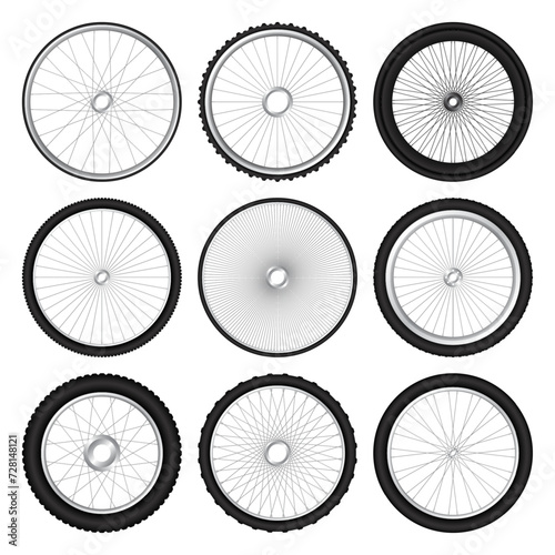 Realistic 3d bicycle wheels. Bike rubber tyres, shiny metal spokes and rims. Fitness cycle, touring, sport, road and mountain bike. Vector illustration
