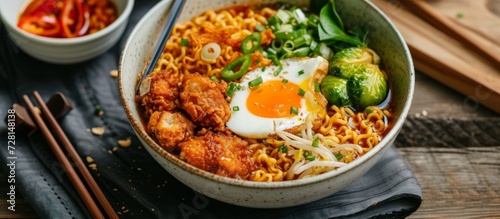 Delicious Ramen with Egg  Crispy Fried Chicken  and Roasted Brussel Sprouts - A Perfect Blend of Ramen  Egg  Chicken  Fried  Brussel Sprouts Goodness