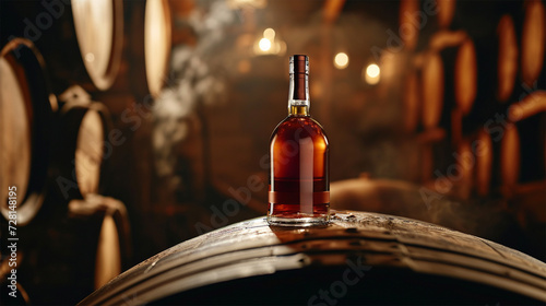  A bottle of fine alcoholic drink on a barrel in the warm atmosphere of the cellar.