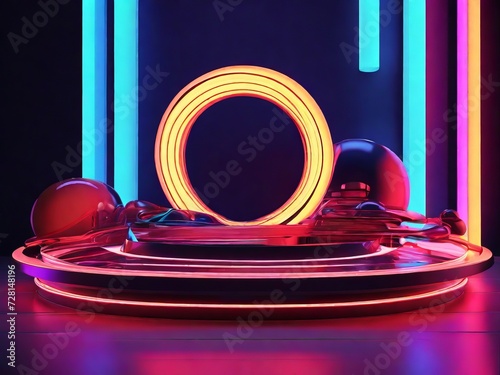 3d render Abstract  Geometric figure in neon light 
