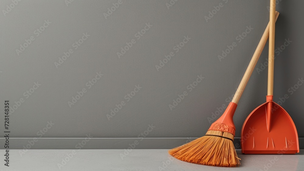 Orange broom and dustpan set against a smooth gray wall - obrazy, fototapety, plakaty 