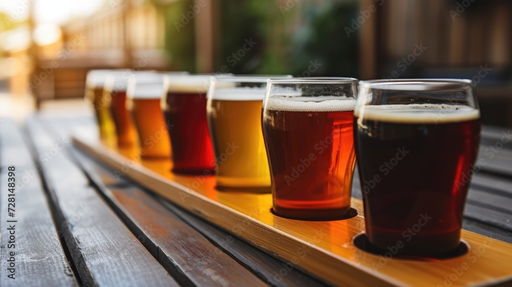 Variety of beers in a row on a tasting paddle at a brewery, with a warm, glowing background Variety of beers in a row on a tasting paddle at a brewery, with a warm, glowing background
