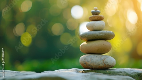 Zen stones stacked with a blurred green background in garden