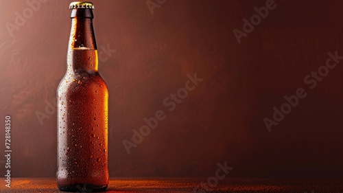 Cold beer bottle with condensation on red backdrop