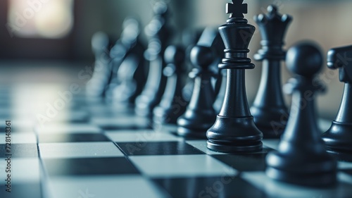 Close-up of chess pieces on a board, focusing on strategic placement