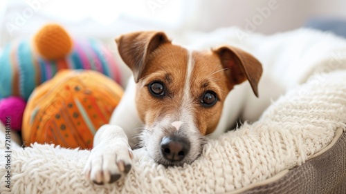 Cute Jack Russell Terrier resting on a cozy blanket with colorful pillows in the background © Татьяна Макарова