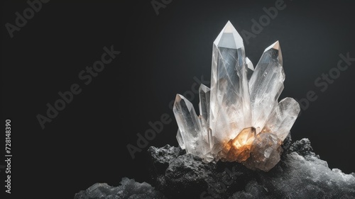 Majestic quartz crystal cluster glowing on dark background photo