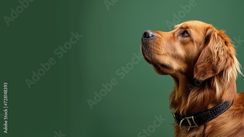 Golden retriever dog on green backdrop, pet portrait