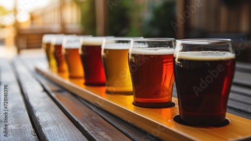 Variety of beers in a row on a tasting paddle at a brewery, with a warm, glowing background