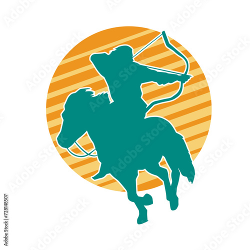 Silhouette of an ancient cavalry soldier aiming with archery weapon. Silhouette of an archer on his running horse.