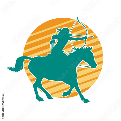 Silhouette of an ancient cavalry soldier aiming with archery weapon. Silhouette of an archer on his running horse.