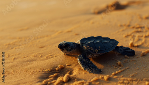 Bathed in the golden light of sunset, a sea turtle hatchling crawls determinedly across the sandy beach, embarking on its first journey to the sea