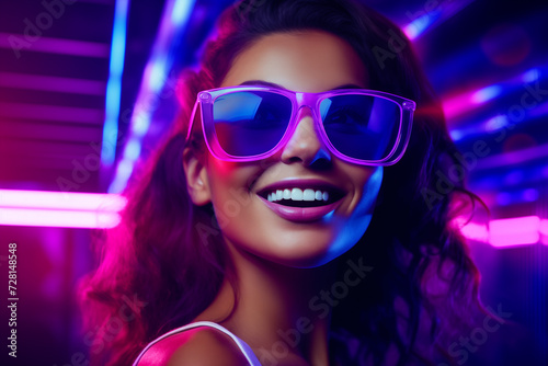 Vibrant Nightlife Bliss: Young Woman Wearing Sunglasses, Dancing Amidst Laser Lights and a Sea of Joyful Revelers in a Purple and Pink Spotlight at the Nightclub