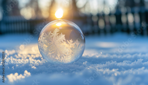 In the crisp morning light, a frozen bubble sits on the snow, capturing the sunrise in its delicate, crystalline structure