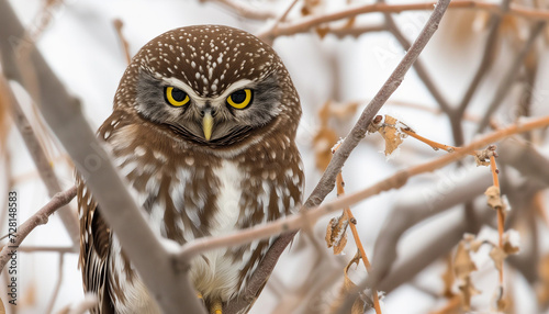 An intense-eyed owl with striking yellow irises is perched among frost-covered branches, blending into the wintry environment with its spotted feathers photo