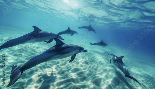 A pod of dolphins swims gracefully through the clear blue waters near the ocean floor, bathed in the sunlight filtering through from the surface photo