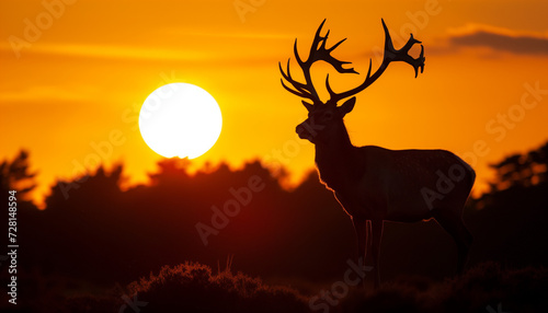 A deer stands in silhouette against a vibrant orange sunset, with its majestic antlers outlined by the glowing sun on the horizon