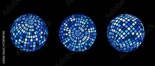 Blue green disco ball set. Collection of wireframe spheres in different angles. Grid globe or checkered ball bundle. Glowing mirrorball element pack for poster, banner, music cover, party. Vector