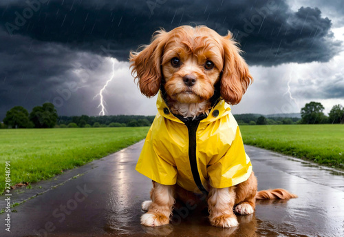 Sad dog wearing raincoat during a storm