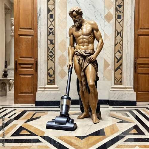 Marble statue with vacuum cleaner