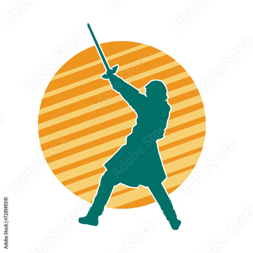 Silhouette of a female fighter in action pose carrying sword weapon.
