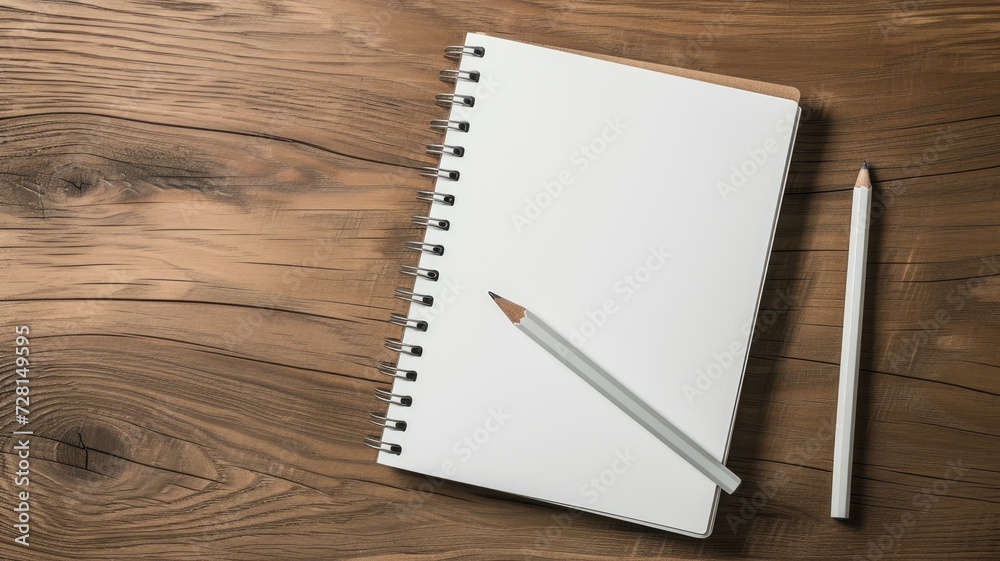 A blank open notebook with a pencil on a wooden surface A blank open notebook with a pencil on a wooden surface