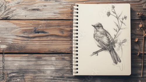 Sketchbook with detailed bird drawing on wooden surface #728149594