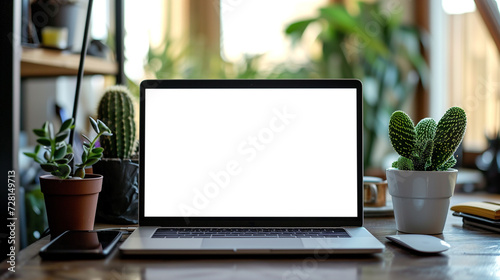 Open laptop with a white blank screen on a wooden desk, surrounded by houseplants, in a bright sunlit room. © Sunshine