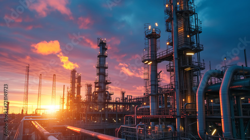 An oil refinery with towering distillation columns and flaring stack against a dramatic sunset sky, depicting industrial energy production.
