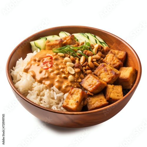a nasi lengko is indonesian traditional dish rice topped with fried tofu tempeh and peanut sauce, studio light , isolated on white background