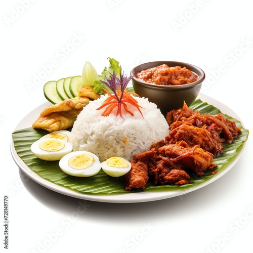 a nasi lemak a traditional malay curry paste rice dish served with variouse side dish, studio light , isolated on white background photo