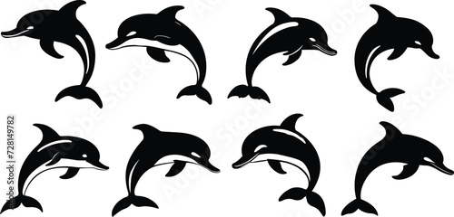 Silhouettes of cartoon dolphins. Cartoon dolphin silhouettes set. Vector illustration