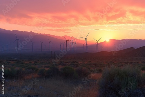 Wind turbines stand tall against the sunset, their blades turning as they harness wind energy.in a scenic landscape, green energy