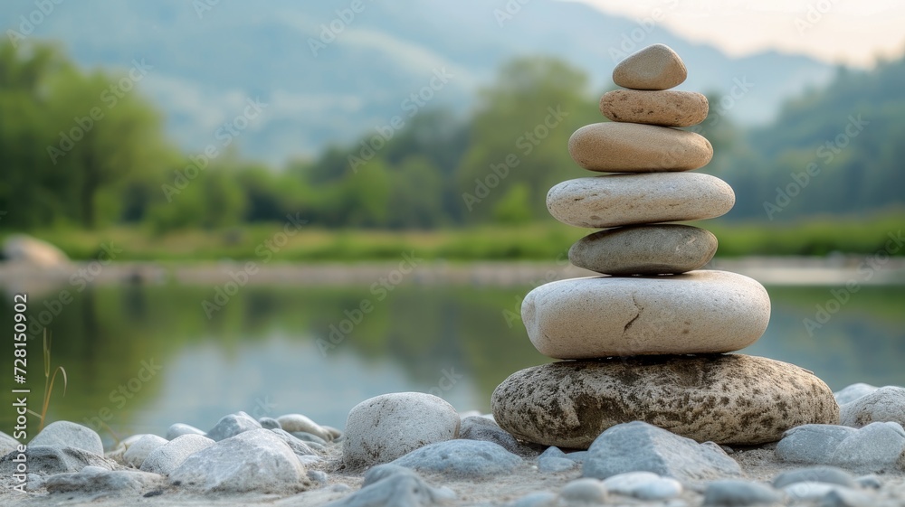 Stack of smooth river stones balanced perfectly in tranquil natural setting