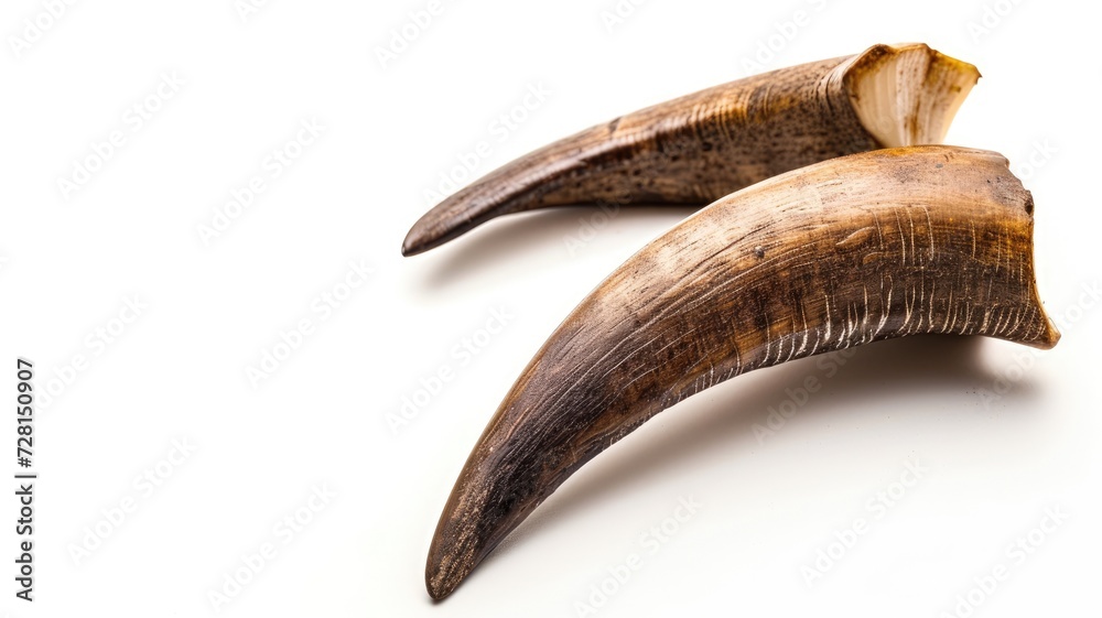 Obraz premium Two curved wild boar tusks on a white background