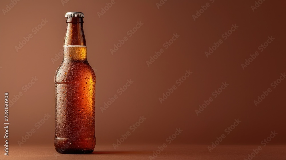A single beer bottle with condensation against a warm brown backdrop A single beer bottle with condensation against a warm brown backdrop