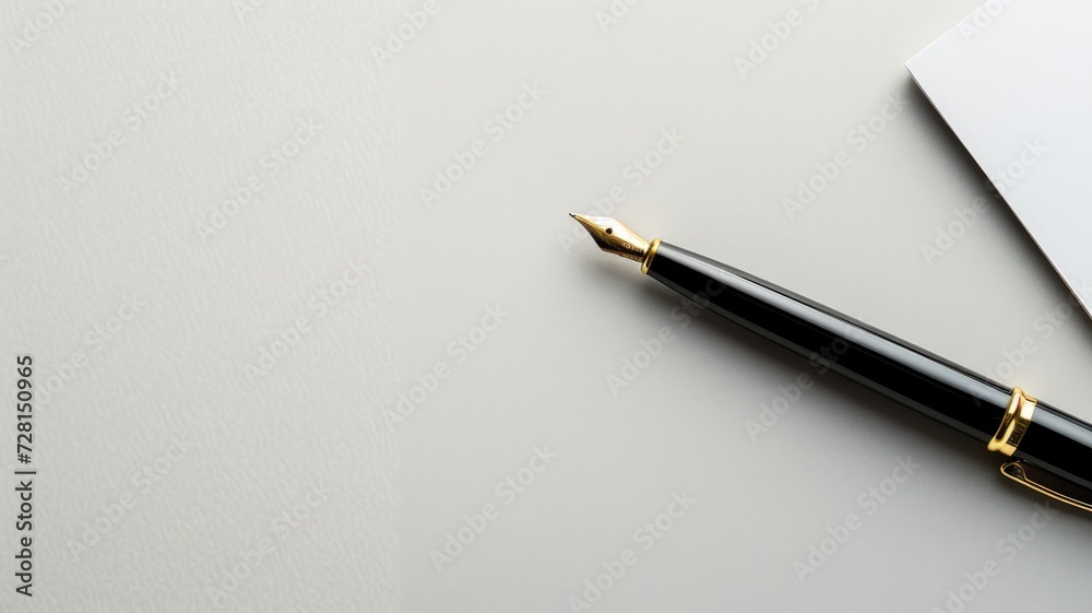 A sophisticated fountain pen lies on a clean white paper A sophisticated fountain pen lies on a clean white paper