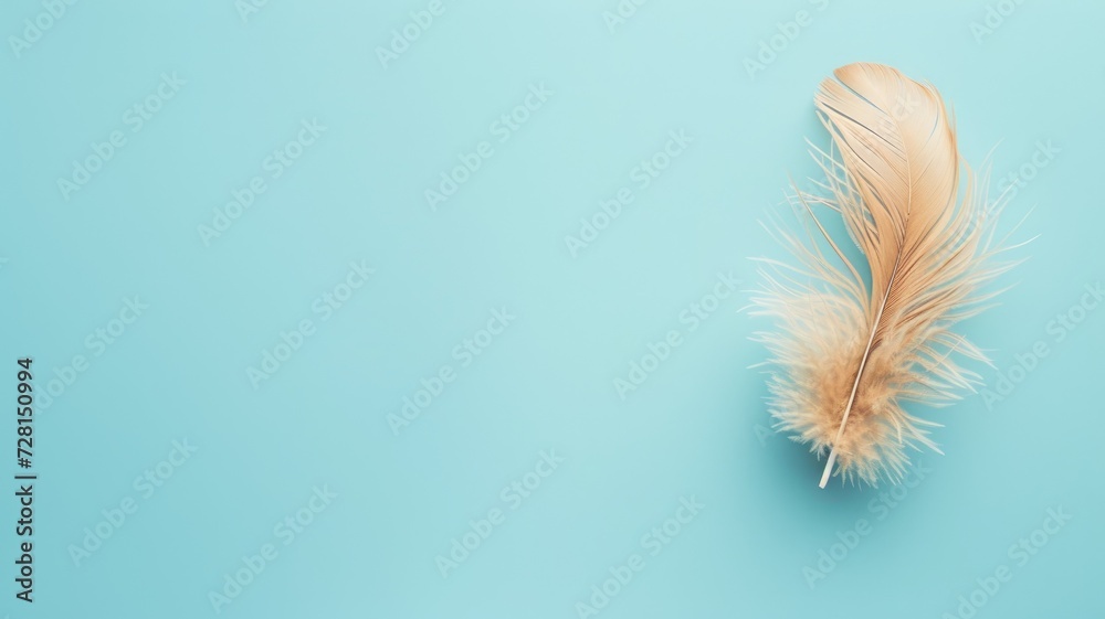 Gentle, solitary feather floating against a tranquil blue background Gentle, solitary feather floating against a tranquil blue background
